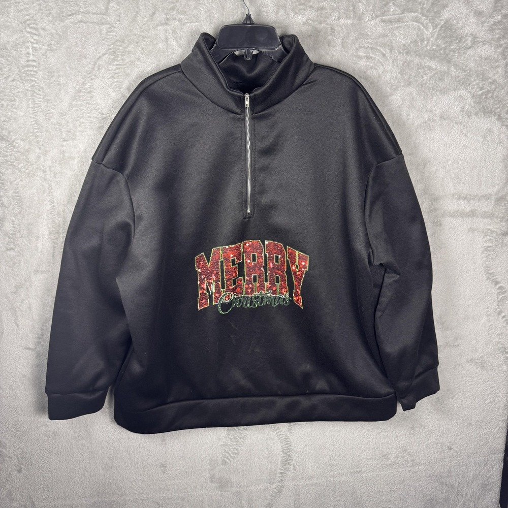 Merry Christmas Sweatshirt Mens 3XL Black Quarter Zip Holiday‎ Pullover